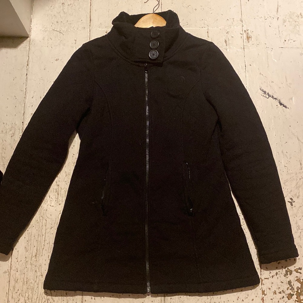 North face, quilted, jacket, black, zipper pockets, collar, size medium